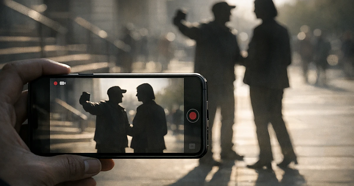 Silhouetted figures being recorded on smartphone, one posing for selfie while being filmed in public confrontation