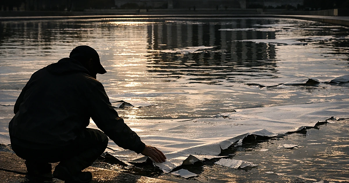 Silhouetted person kneeling at edge of reflecting pool with damaged liner, columns in background