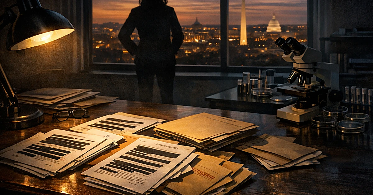 Declassified documents on desk with silhouetted figure at window overlooking city skyline at dusk