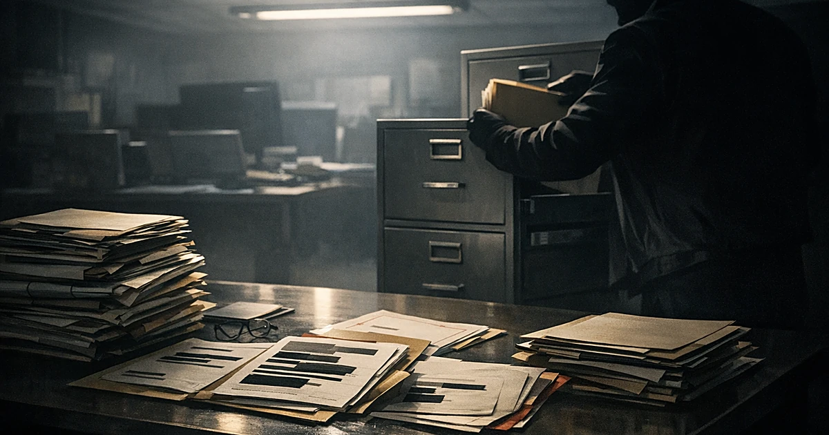 Silhouetted figure removing documents from filing cabinet in dimly lit office with classified files on desk
