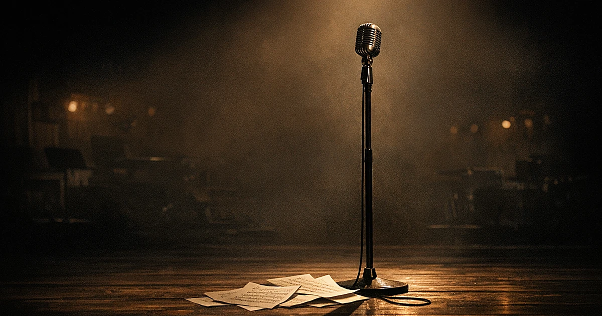 Empty concert stage with vintage microphone in spotlight, scattered sheet music, memorial atmosphere