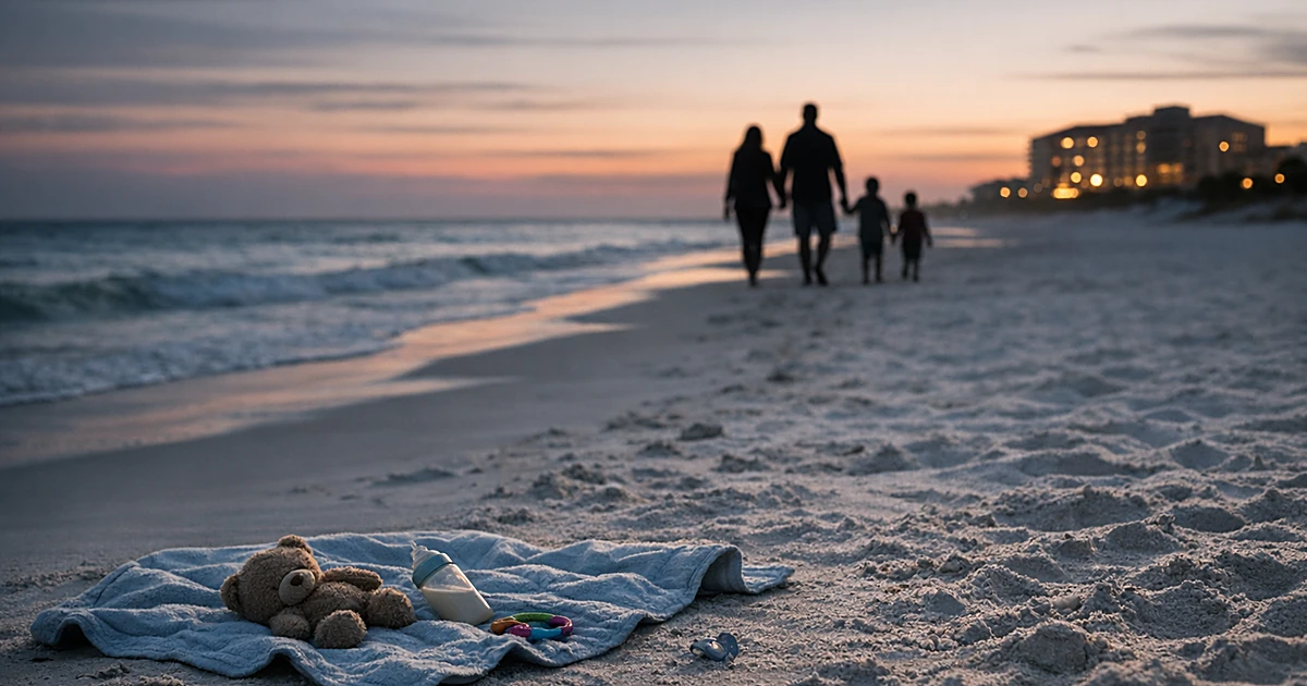Empty baby blanket and toys abandoned on beach sand with distant silhouettes walking away at sunset
