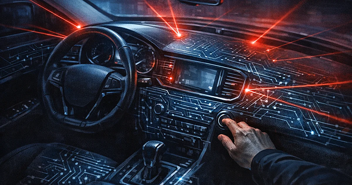 Car interior with glowing circuit overlay and red sensor beams suggesting vehicle monitoring technology