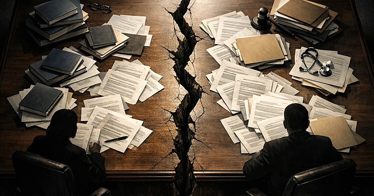 A desk split in half with educational materials on one side and government documents on the other side
