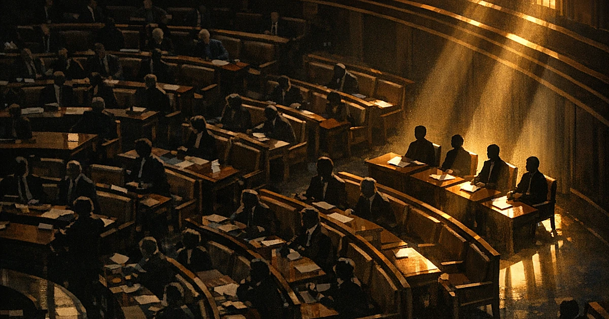 Overhead view of legislative chamber with four illuminated seats separated from their side, symbolizing bipartisan split