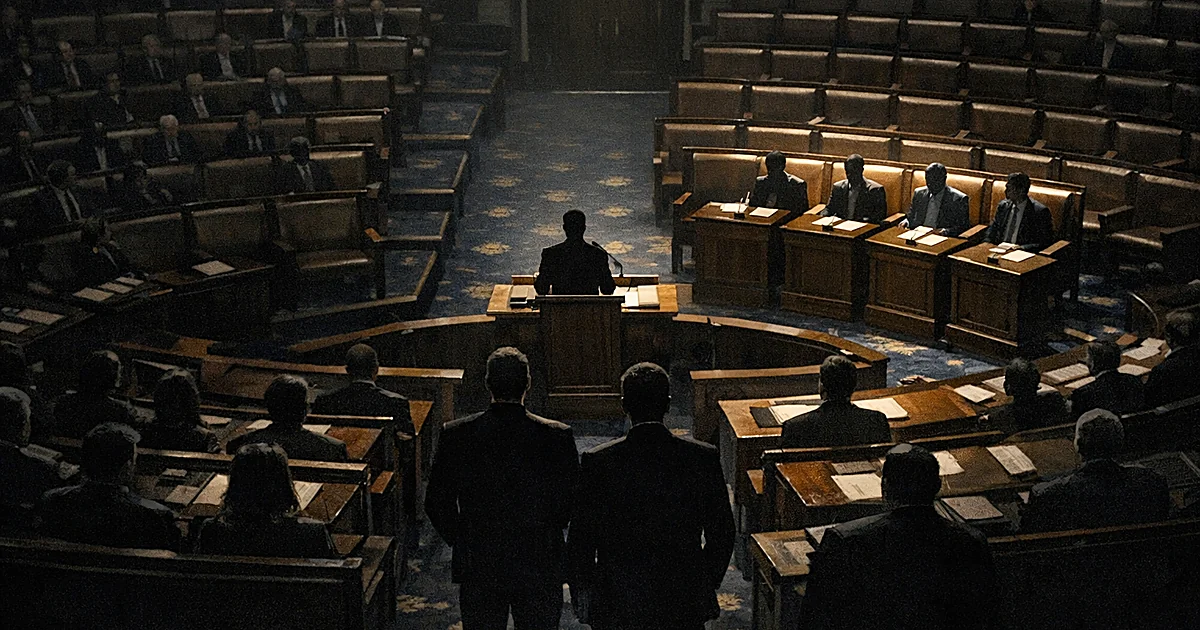 Overhead view of legislative chamber with four illuminated seats separated from others, silhouetted figures viewing floor