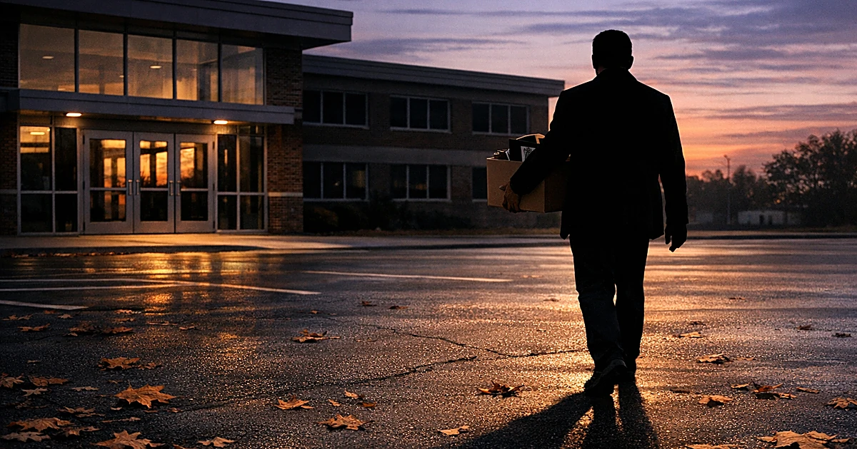 Silhouetted person carrying box walks away from high school building at dusk with empty parking lot