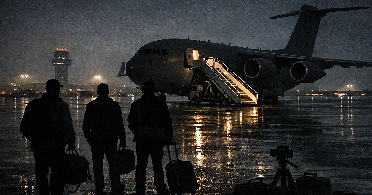Empty military aircraft on tarmac at night with silhouettes of waiting staff and journalists, trip cancelled
