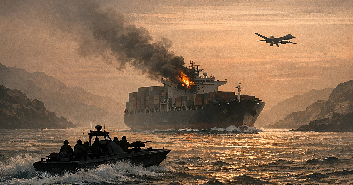 Cargo ship with damaged bridge travels through narrow strait as military patrol boat and drone are visible nearby