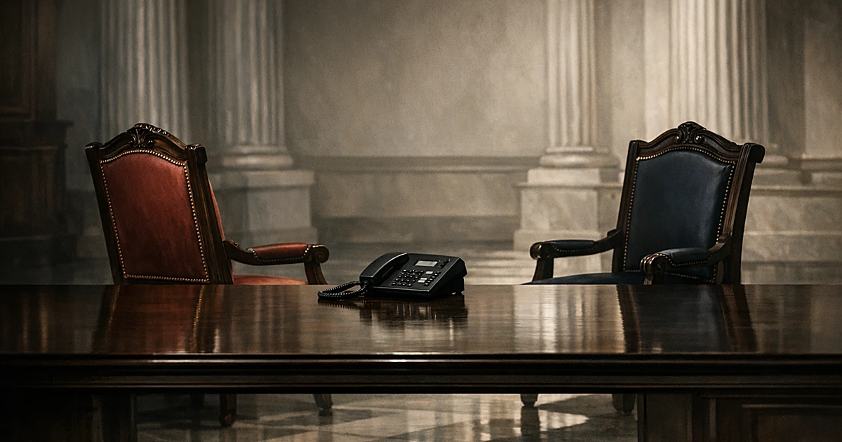 Two diplomatic chairs turned away from each other at opposite ends of a formal meeting table in shadowed interior