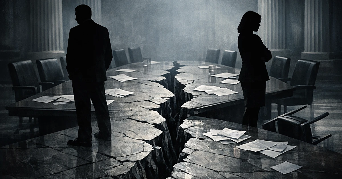 Two silhouetted figures on opposite sides of a cracked marble surface, backs turned, in a columned government interior
