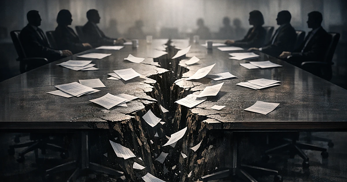 A conference table split by a large crack with silhouetted figures on opposite sides leaning away from the divide