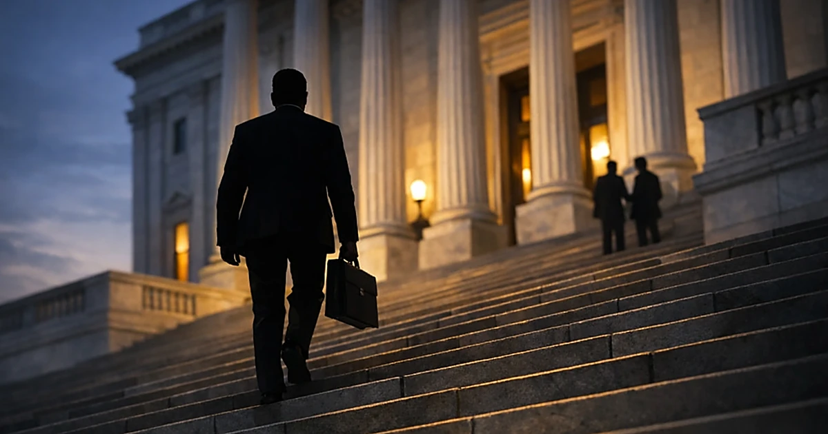 Silhouetted figure ascending steps toward columned government building at dusk, viewed from behind