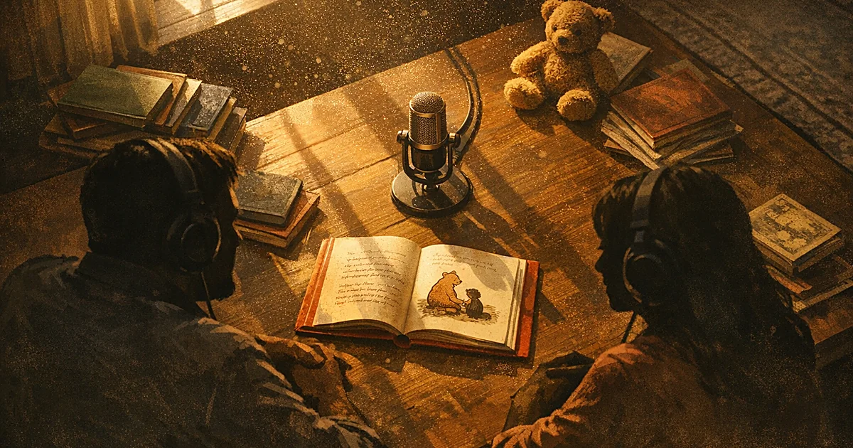 Two silhouettes at table with microphone and open children's books in warm afternoon light from above