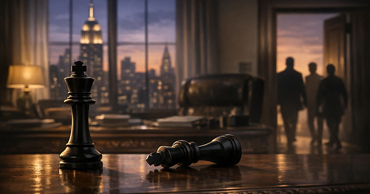 Office desk with standing and fallen chess pieces, NYC skyline visible through windows, departing silhouettes