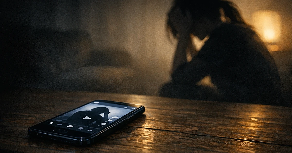 Smartphone on table with glowing screen, silhouetted figure with back turned in dim lighting suggesting private moment