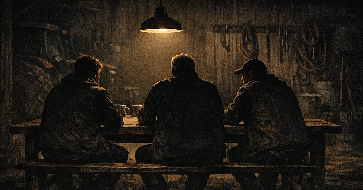 Three silhouetted figures seated around an illuminated table in a dark barn having a serious conversation