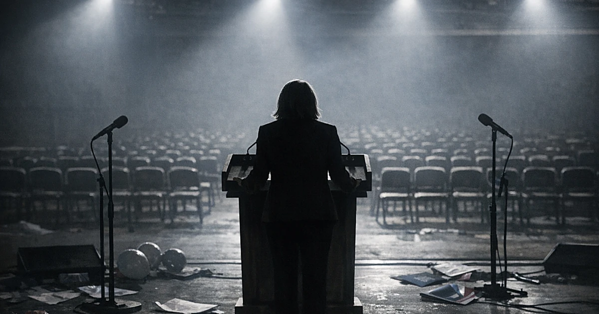 Empty rally stage with figure at podium from behind, vacant chairs, scattered materials in dim lighting