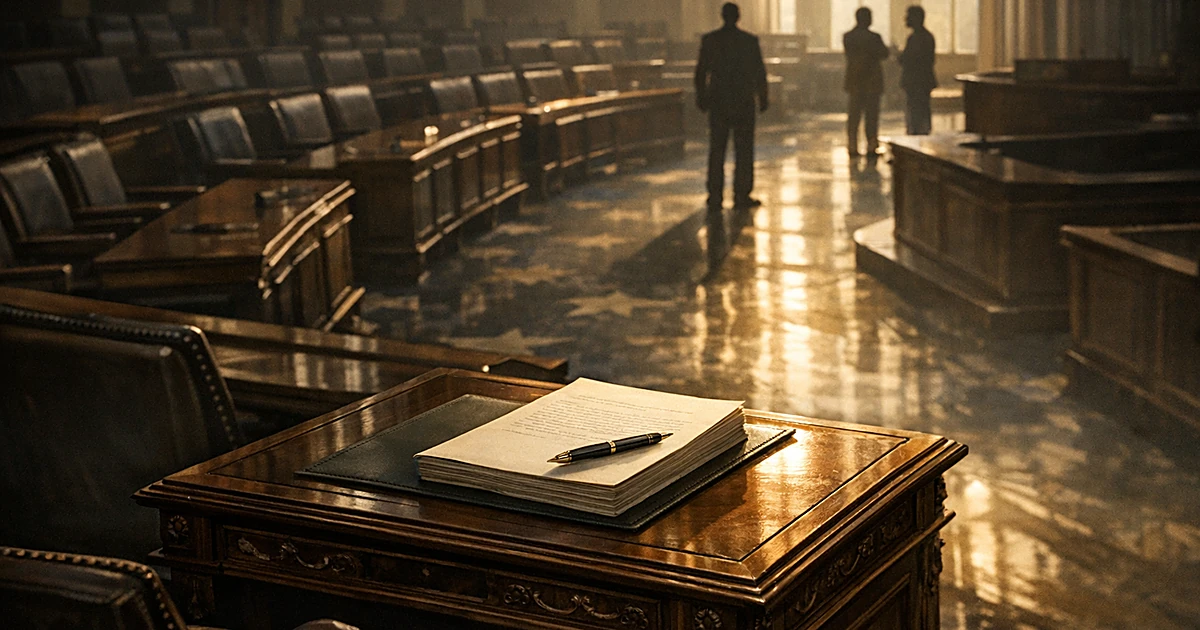 Empty legislative chamber with document on desk in dramatic lighting, symbolizing end of congressional gridlock