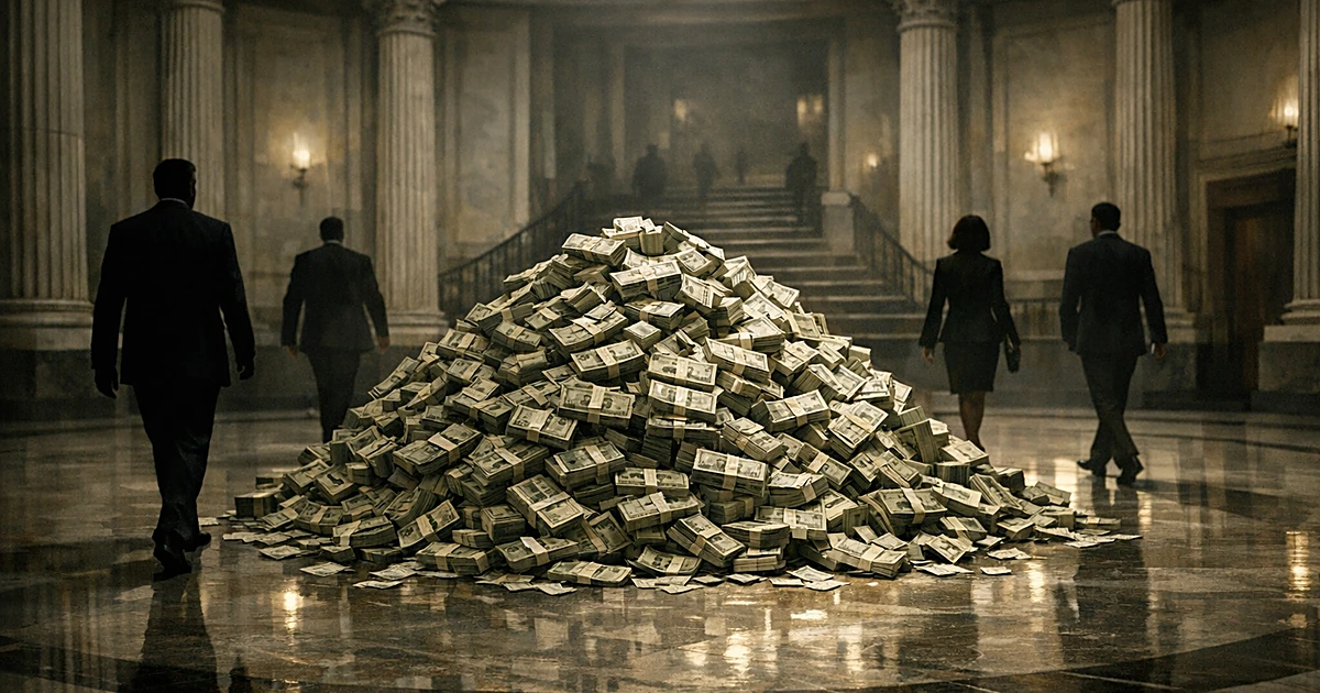 Silhouetted figures walking away from pile of money in empty government building rotunda