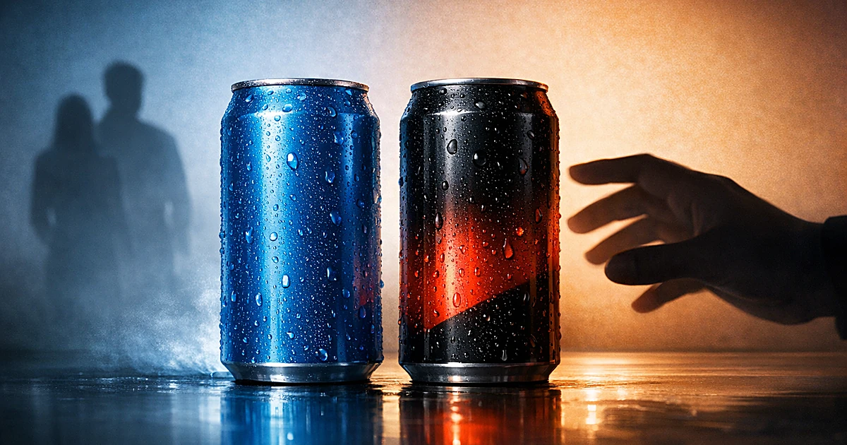 Two energy drink cans side by side on reflective surface with dramatic lighting and silhouetted hand reaching toward them