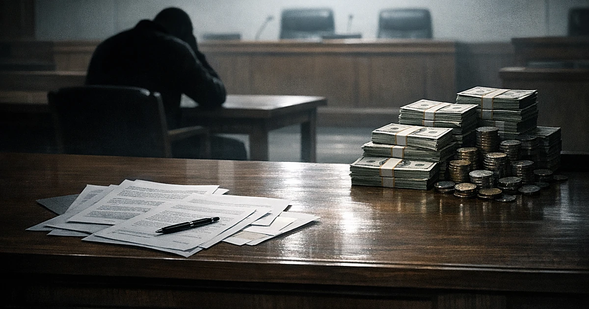 Empty courtroom with silhouetted figure at table, legal documents, and stacks of money creating contrast