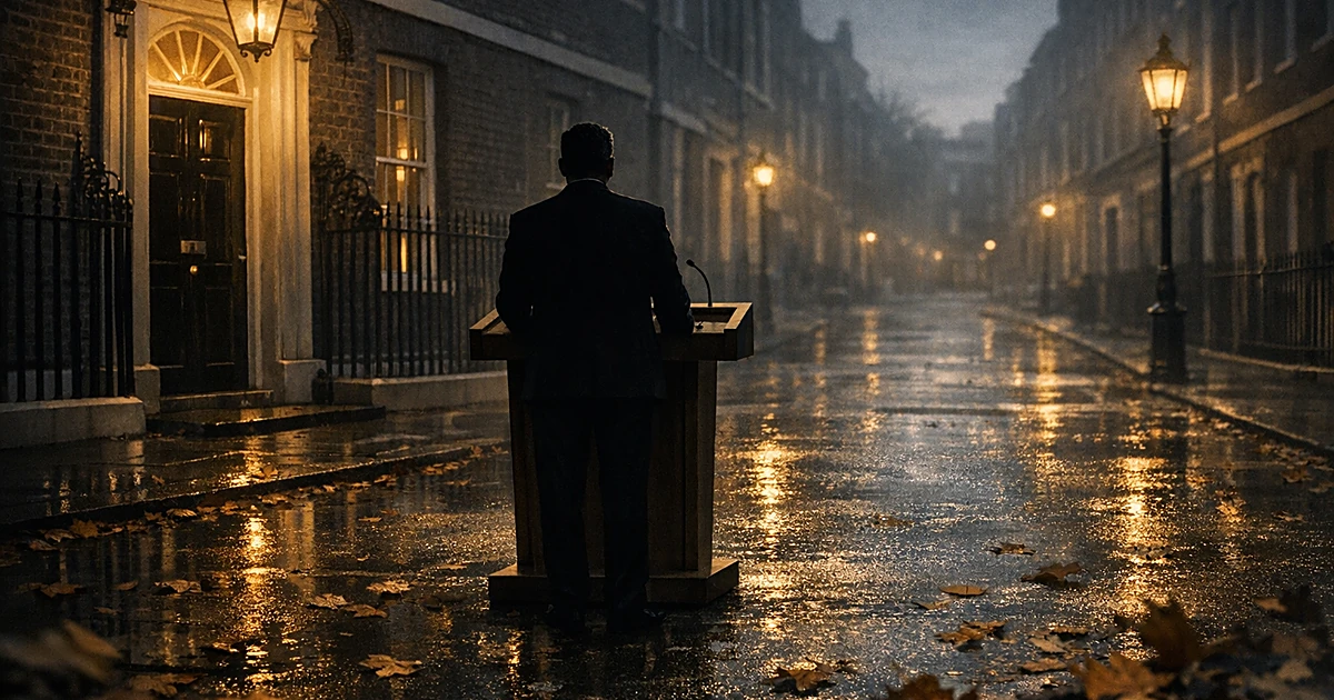 Silhouetted figure at podium outside black door of townhouse at dusk with scattered leaves on wet pavement