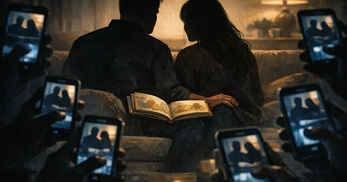 Silhouettes of couple reading on couch surrounded by glowing smartphones pointed at them in dark room