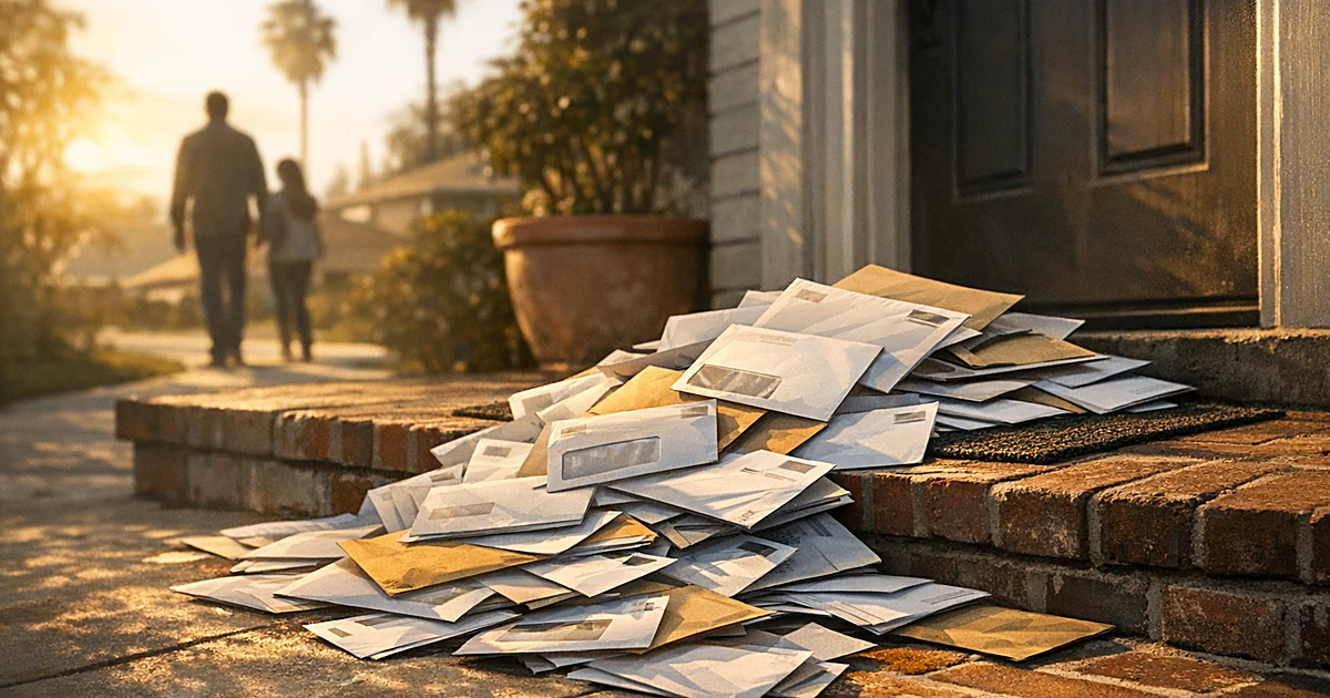 Pile of unopened mail envelopes scattered on a residential doorstep and porch steps