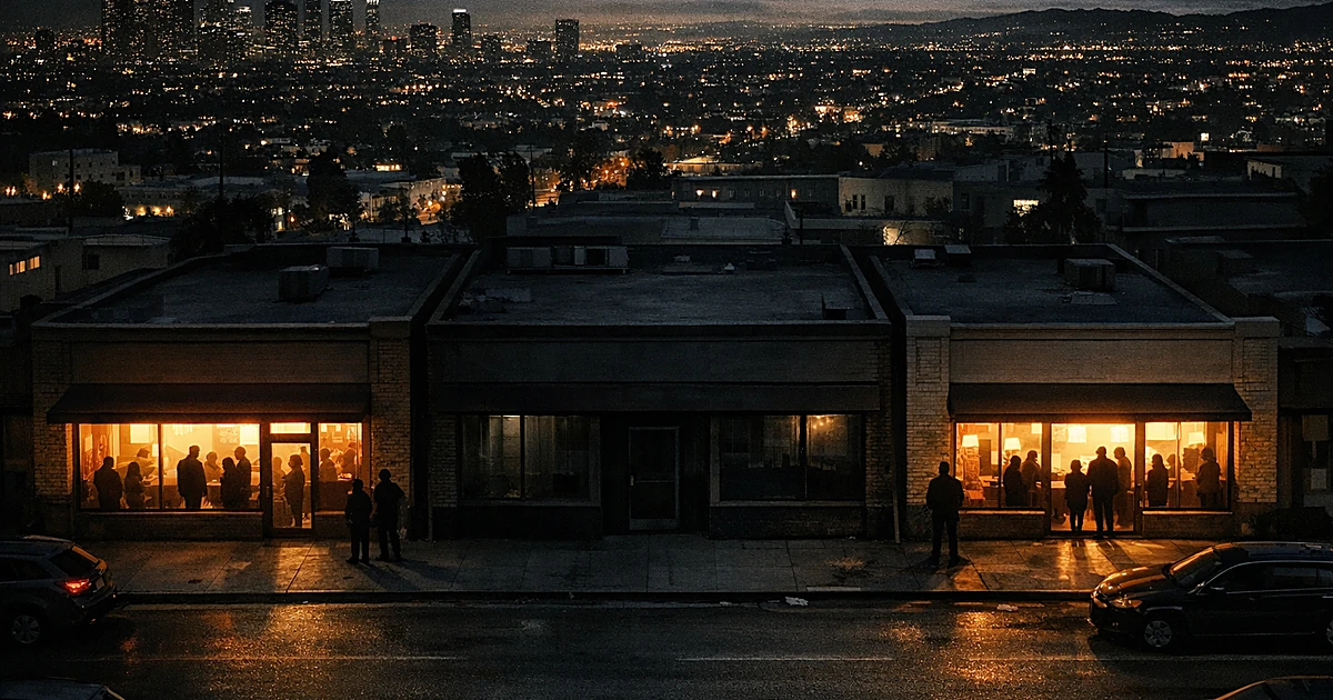 Aerial view of LA cityscape at night with two illuminated storefronts and one darkened space between them