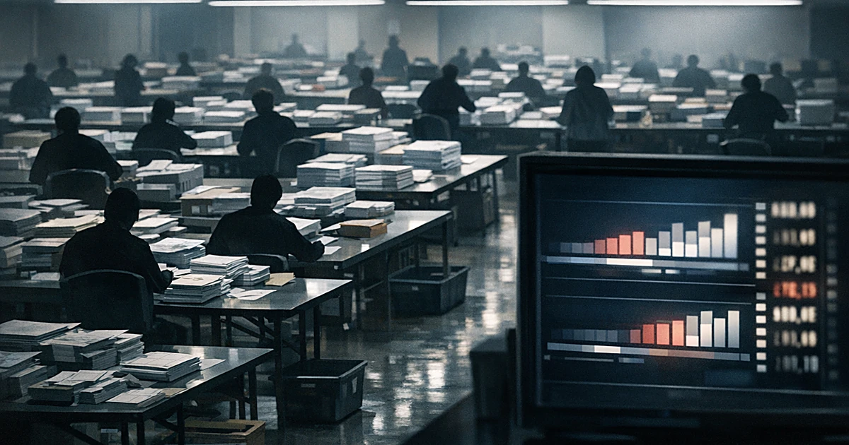 Aerial view of ballot counting room with workers processing stacks of ballots and electronic tally board showing shifting cou