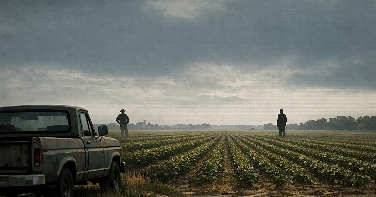 Expansive Louisiana farm field with distant silhouettes, representing rural Democrat's uphill Senate race challenge