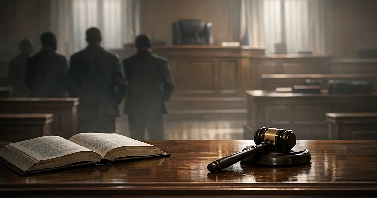 Empty courtroom with judge's bench, gavel, and silhouetted figures viewed from behind facing the bench