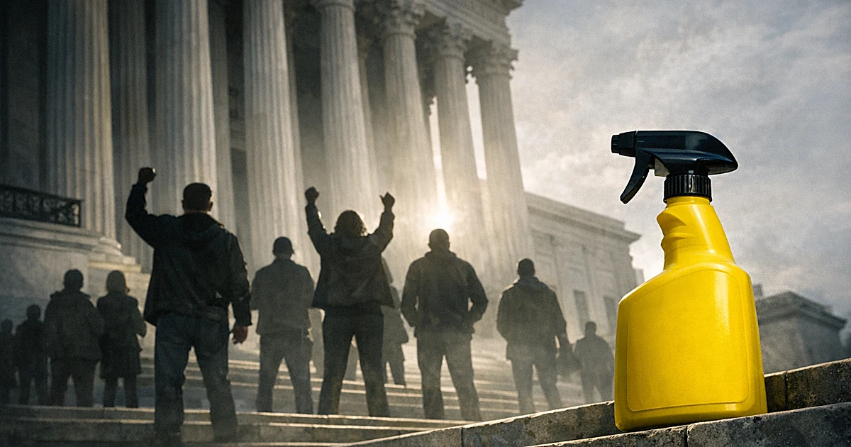 Silhouetted protesters face courthouse columns with weedkiller bottle on steps in foreground