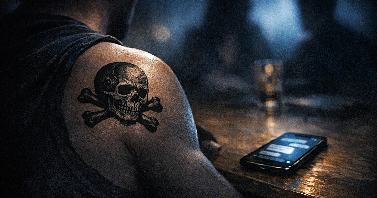 Silhouetted figure from behind showing skull tattoo on arm, with smartphone on table in dim lighting