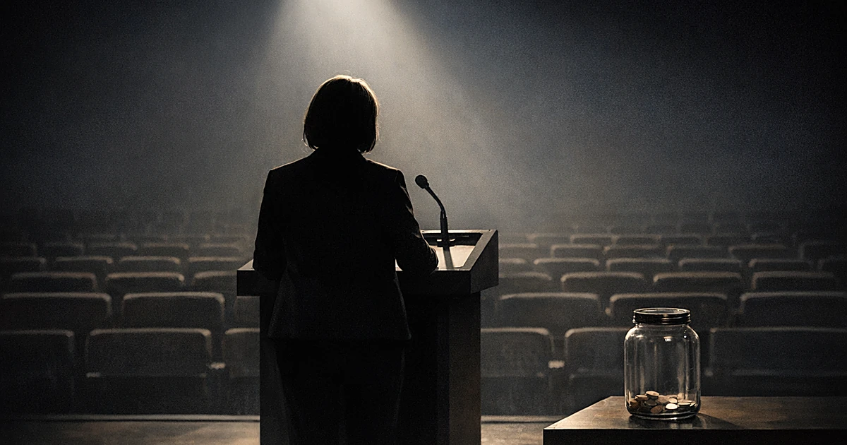 Silhouetted figure at podium on empty stage with spotlight and vacant auditorium seats