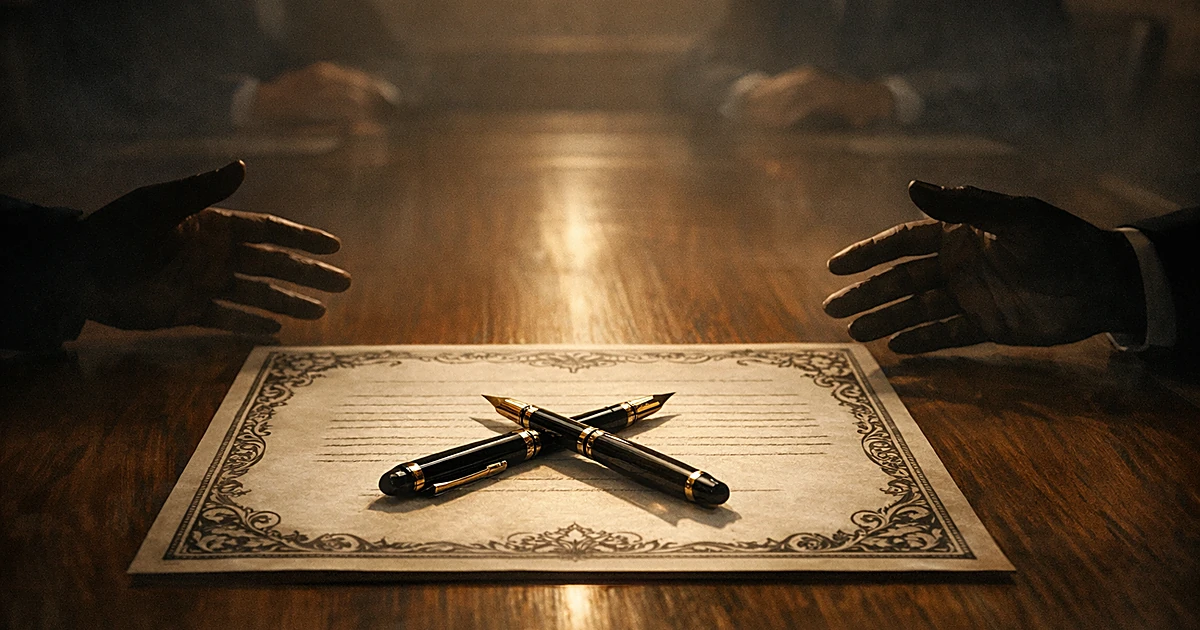Ornate diplomatic document on table with fountain pens and silhouetted hands reaching toward it from opposite sides
