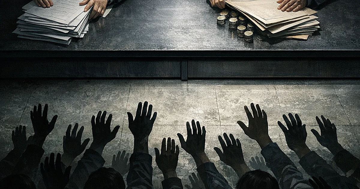 Hands reaching up toward a desk where other hands pull back documents and money, symbolizing withheld nonprofit payments