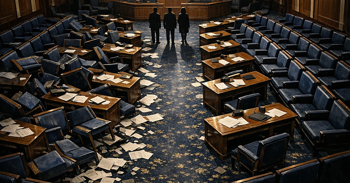 Overhead view of legislative chamber with half the seats toppled over, papers scattered, showing political disruption