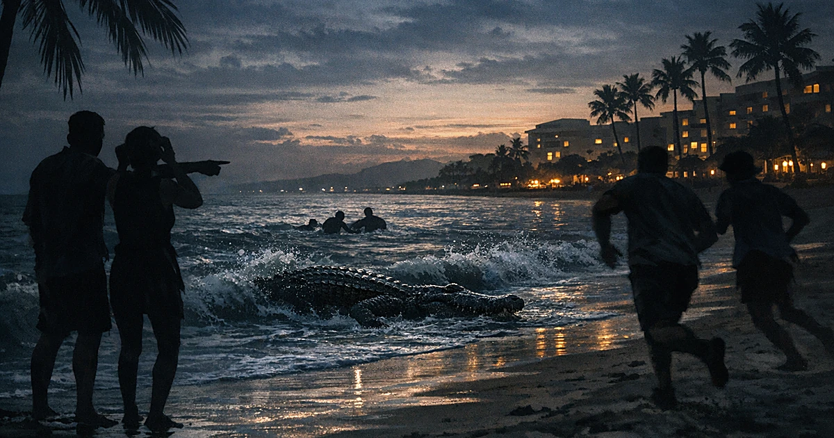 Silhouetted people at beach edge gesturing toward crocodile in water at twilight with palm trees and resort buildings