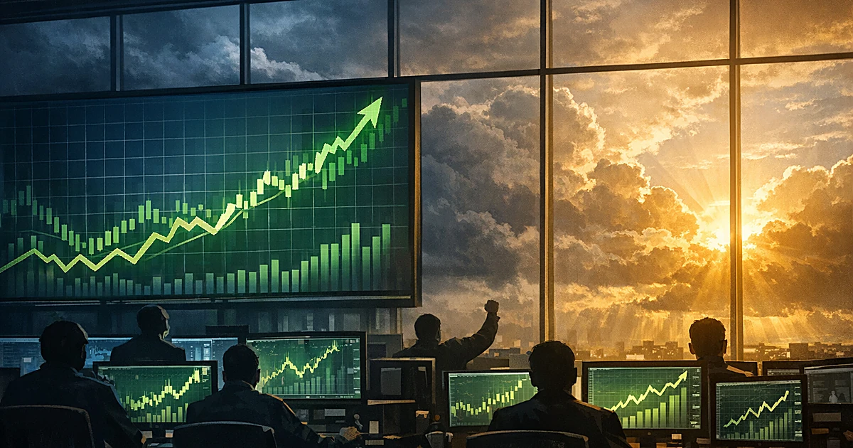 Silhouetted traders watch rising green stock charts as storm clouds part and sunlight breaks through windows