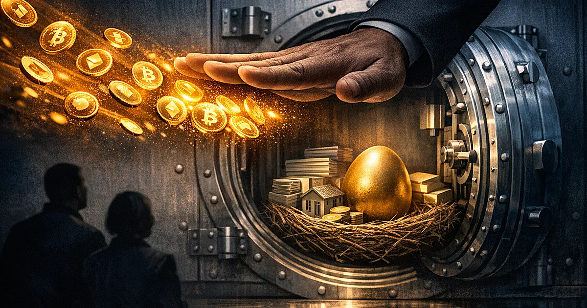 Hand blocking cryptocurrency coins from entering a retirement account vault containing traditional investment documents