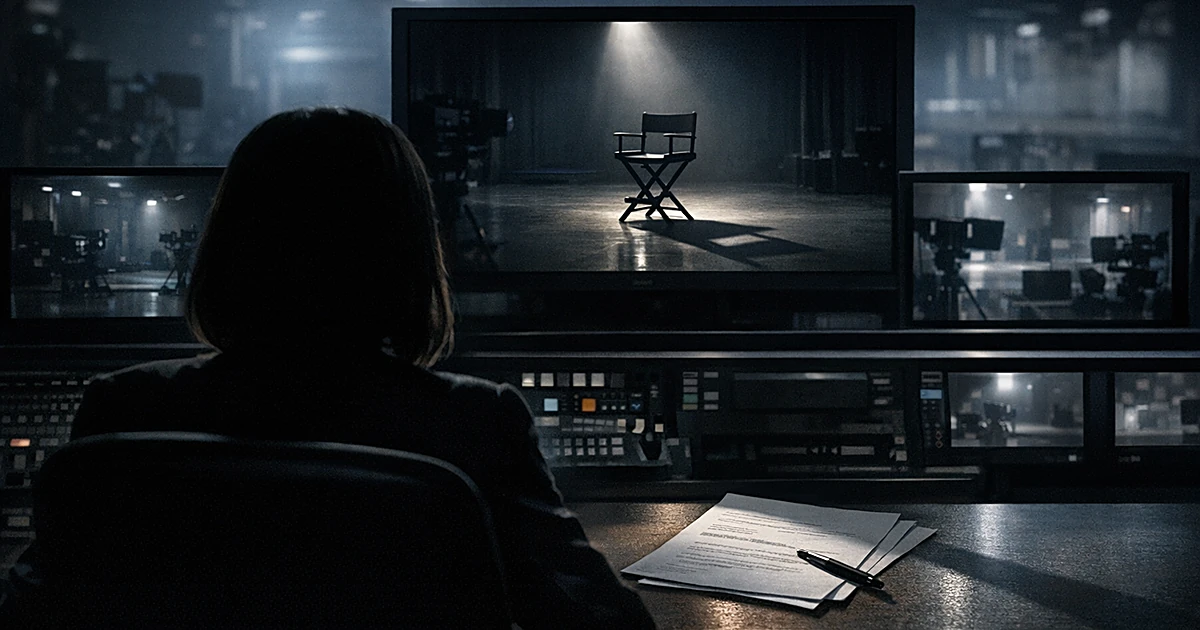 Silhouetted producer at control desk overlooking empty TV studio monitors with casting documents in shadow