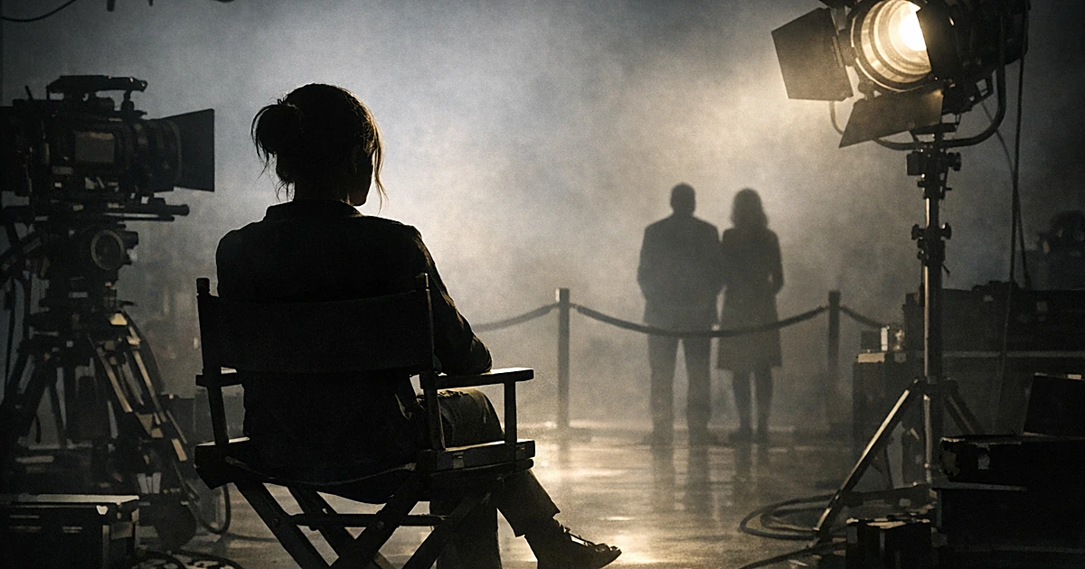 Silhouette in director's chair on film set with two distant figures separated by barrier in background