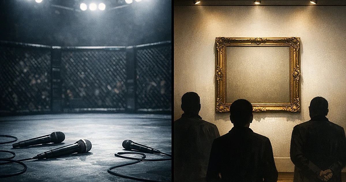 Split scene showing empty UFC octagon with microphones on left, museum gallery with empty portrait frame on right