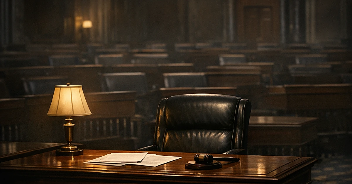 Empty leather chair at Senate desk illuminated by desk lamp in darkened chamber with vacant desks in background
