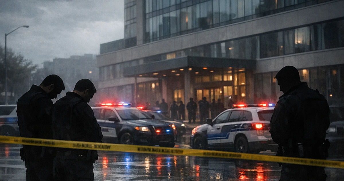 Police vehicles with emergency lights outside hotel building, officers in silhouette standing near patrol car