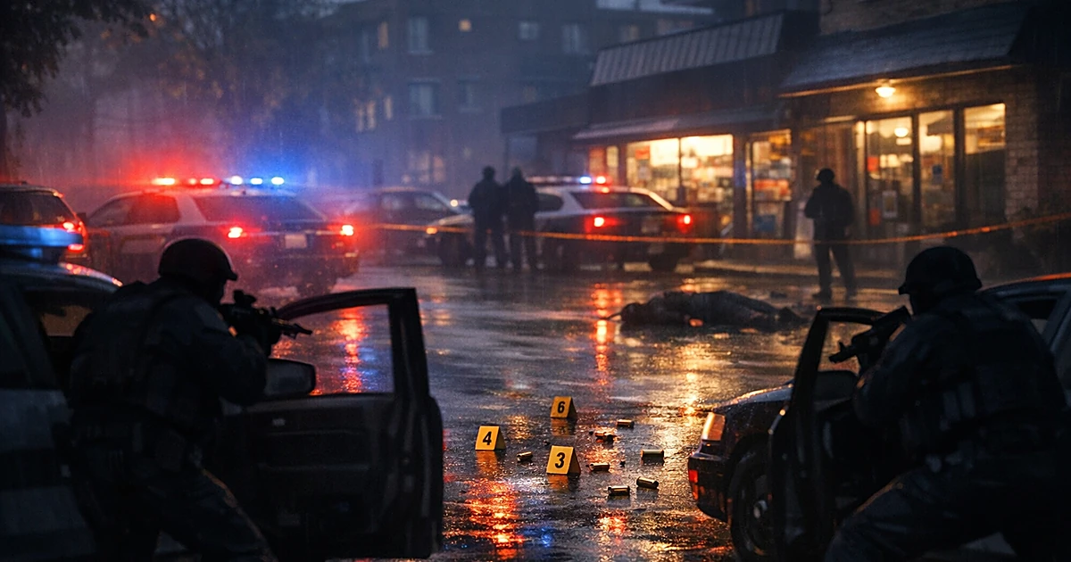 Police silhouettes behind vehicles with emergency lights illuminating a Montreal street after shooting incident