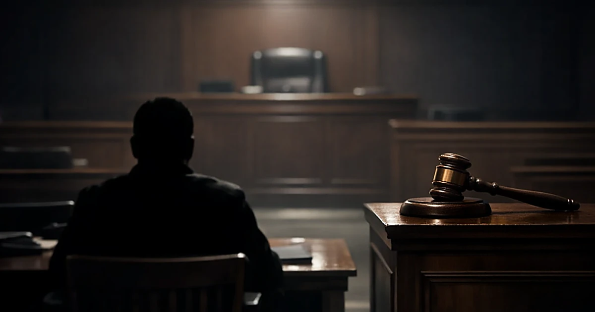Silhouette of lone figure at defendant's table in empty courtroom with gavel on judge's bench