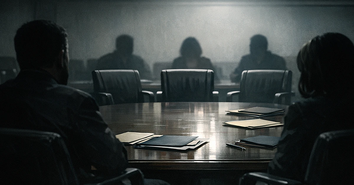 Silhouetted figures seated around conference table in institutional meeting room with documents and empty chairs